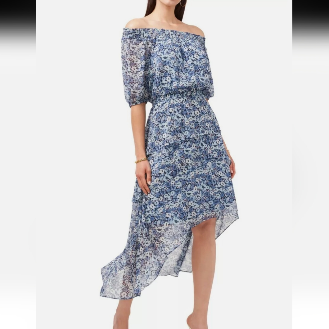 Vince Camuto Asymmetrical Hem Blue And White Floral Dress, Size Small